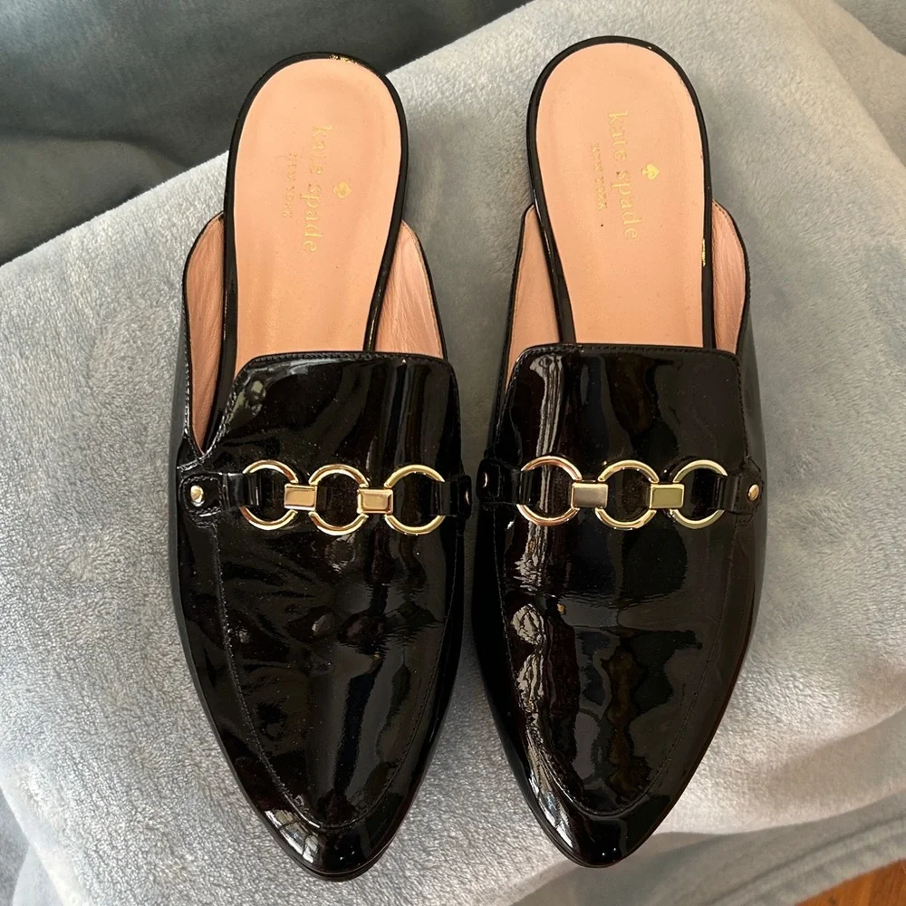 Kate Spade Black Patent Mules with Gold Chain - Picture 2 of 4
